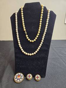 lot 184 image: Faux Pearl Necklaces and Vintage Mosaic Earrings w Matching Pin W Floral Design