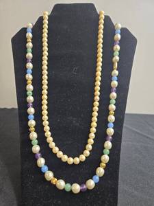 lot 211 image: Set of Faux Pearl and Multi-Colored Bead Necklaces - display not inc