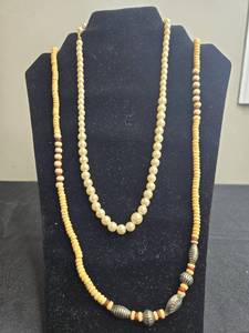 lot 215 image: Set of Beaded Necklaces with Faux Pearl, Yellow, and Purple Beads
