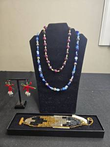 lot 231 image: Collection of Jewelry Including Beaded Necklaces, Bracelet in Orig Box, and Festive Earrings