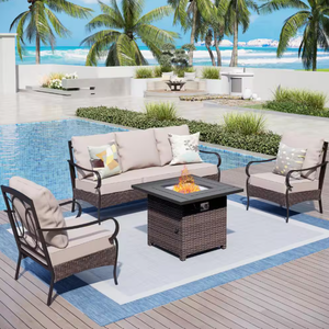 4PCS Black Rattan Steel Outdoor Patio Conversation Set with Beige Cushions & Square Wicker Fire Pit Table
