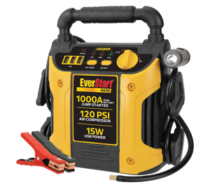 lot 397 image: EverStart Maxx 1000 Peak Amp Jump Starter with 120 PSI Compressor, Pivoting LED Light, 3X USB Ports