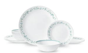 lot 530 image: 12PCS Corelle Country Cottage, White and Green Round Dinnerware Set