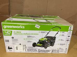 lot 94 image: Greenworks 40V 21-Inch Brushless Self-Propelled Lawn Mower W5.0 Ah Battery and Charger