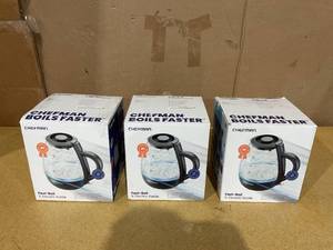 lot 147 image: LOT OF 3 Chefman 1L Electric Glass Kettle w LED Indicator Light, Automatic Shutoff