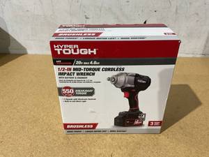 lot 313 image: Hyper Tough 20V Max Brushless 12-Inch Mid-Torque Cordless Impact Wrench with 4.0Ah Lithium-Ion Battery and Charger