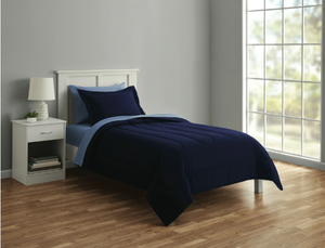 lot 637 image: Mainstays 5 Piece Reversible Bed in a Bag Comforter Set with Sheets, Navy, Twin-XL