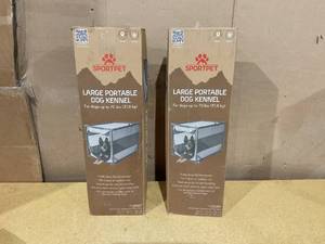 lot 222 image: LOT OF 2 Sport Pet Designs Portable Folding Dog Kennel, Gray, Large