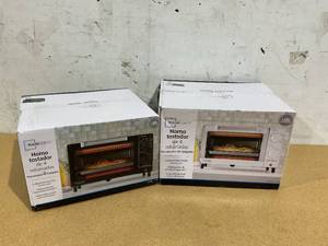 lot 552 image: LOT OF 2 Mainstays 4 Slice Toaster Oven with 3 Settings, includes Baking Rack and Pan