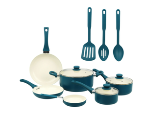 lot 555 image: Mainstays 12 Piece Ceramic Nonstick Aluminum Pots and Pans Cookware Set, Blue