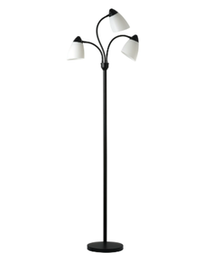 lot 574 image: Mainstays 3 Head Adjustable Floor Lamp, Black with White Plastic Shades, Classic, Young Adult, Adult use.