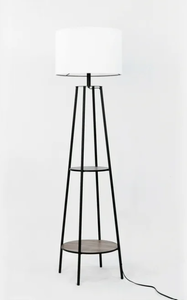 lot 564 image: Mainstays Etagere 62 Matte Black Mid-Century Style Floor Lamp, with 2 Wood Shelves