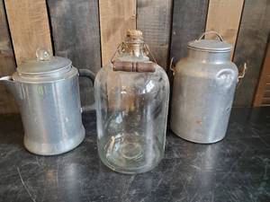 lot 30 image: Vintage Aluminum Kitchen Items and Glass Jar with Cork,