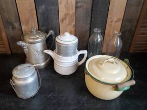 lot 34 image: Unique Vintage Kitchen Items,  Ornate Detailed coffee Pot, Drip-O-lator Porcelain Pot and more