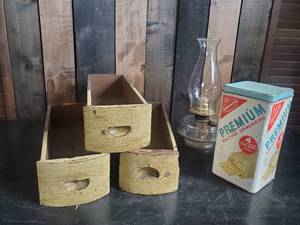 lot 40 image: Sewing Drawers, Kerosene Lantern and Vintage Metal Premium Cracker Tin