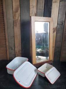 lot 58 image: Vintage Mirror and Porcelain Pans with Lids