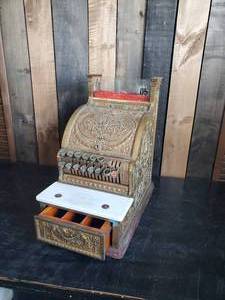 lot 84 image: RARE AMAZING National Cash Register Model #313, this Has an ornate brass exterior with a Marble Plate above the cash drawer, Very Heavy