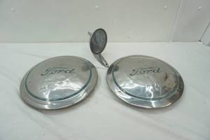 lot 142 image: Vintage Ford Hub Caps & Mirror