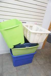 lot 315 image: 4 totes without lids & laundry basket