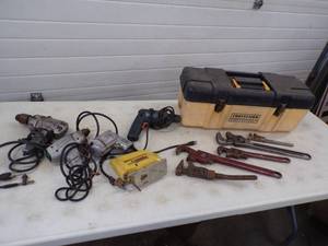 lot 19 image: Pipe Wrenches, Drills, Saw and Tool Box