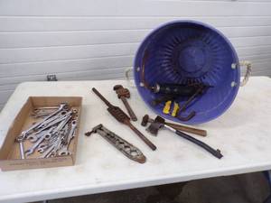 lot 20 image: Wrenches, Hatchet, Grease Gun and more