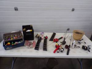lot 23 image: Fishing lot with Rods and Reels, Rod holders, Tackle box and Tackle
