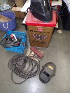 lot 48 image: Marquette Arc Welder with Cables, Carbon Arc Head, 2 Welding Helmets