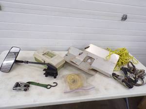 lot 88 image: Boat Parts Splash Guard, Mirror, Tackle box, Rope Ratchet straps
