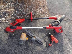 lot 113 image: Electric Drill, Air Framing Nailer, 2 Cordless String Trimmers