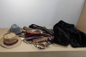 lot 198 image: Assorted Hats and Belt with Faux Fur Shawl
