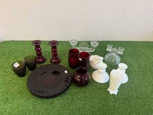 lot 178 image: Fostoria Candlestick, Red Glass & Milk Glass