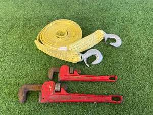 lot 183 image: Tow Strap & Pipe Wrenches