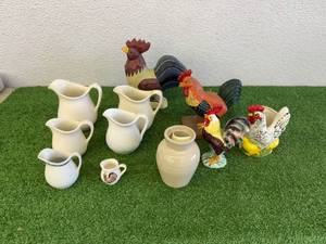 lot 203 image: Antique Weymas Snuff Stoneware Jar, Pitchers & Roosters