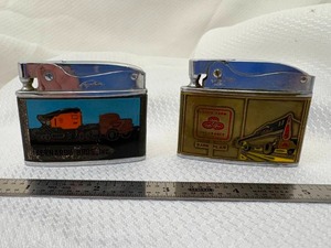 lot 12-C2025 image: 2 Vintage 1950s Little Billboard Style Advertising Lighters (1) Rolex State Farm Super Auto Deluxe Lighter (1) Superlighter Bernardo Bros. Construction