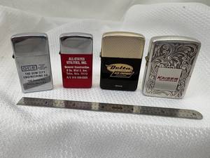 lot 15-C2025 image: 4 Vintage 1950s Park Lighters (Zippo Style) Gem City Engineering, Delta Air Freight, Kaiser Aluminum & All State Utilities