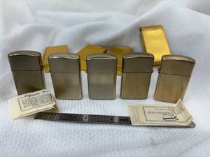 lot 18-C2025 image: Lot of 5 New L.D.L Flip Top Slim Zippo Style Lighters Gold Tone (4) Are in Original Box