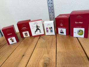 lot 29-C2025 image: 6 New in Box Hallmark Ornaments Star Wars, Peanuts, Rick & Morty, The Nightmare Before Christmas