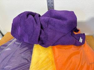 lot 32-C2025 image: 6 New Bath Towels (4) Purple (1) Orange (1) Yellow 32 Wide X 72 Long