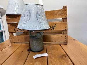 lot 44-C2025 image: Large Ball Blue Jar made into a Lamp with White Tin Country Shades and A Rosy Cantaloupe Crate