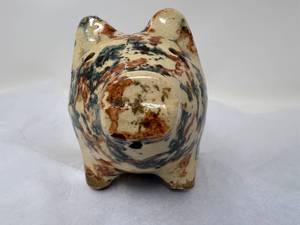 lot 46-C2025 image: Early 1900s Yellowware Spongeware Pottery Piggy Bank - Great Condition