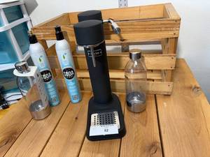 lot 52-C2025 image: Solid Metal, Heavy Duty Soda Stream with 2 CO2 Cans & 2 Reusable Bottles & Wood Crate