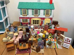 Vintage MCM Large Wolverine Tin Lithograph Doll House 27"x16"x13" Amazing Condition 30+ Lundby 70's Doll House Furniture + Tonka Dolls + Lot's of additional Furniture