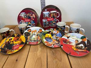 lot 70-C2025 image: Vintage 4 pc Set Mugs & 4 PC Set Plates Matching Set Coca-Cola Fall Sakura Stoneware Sets