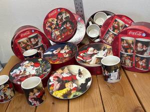 lot 71-C2025 image: 3 sets of Vintage 4 pc Set Mugs & 4 PC Set Plates Matching Set Coca-Cola Christmas Sakura Stoneware Sets