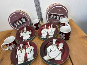 lot 72-C2025 image: Set of 4 Mugs and 4 Plates Matching Chef Themed by Jennifer Garant Casa Made