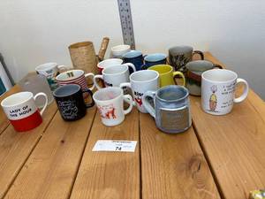 lot 74-C2025 image: 16 Assorted Vintage Coffee Mugs (1) Black GlasBak (1) Fire-King (1) Lenex