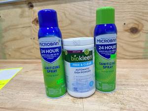 lot 128 image: (2) Microban 24 Hour Sanitizing Spray and Biokleen Free & Clear Dishwashing Detergent- 64 Loads - Powder, Concentrated, Phosphate & Chlorine Free, Eco-Friendly, Non-Toxic, No Artificial Fragrance, Colors or Preservatives