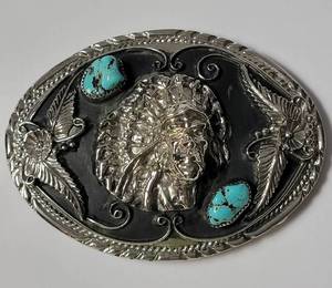 lot 40 image: Indian Head Silver Plated Belt Buckle with Turquoise Stones - Very Nice