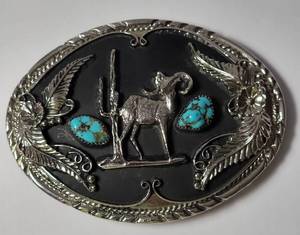 lot 41 image: Ram Sheep Silver Plated Belt Buckle with Turquoise Stones - Very Nice