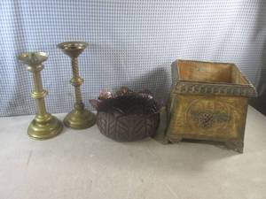 lot 37 image: (CSB) 2 Brass Candle Holders and Ot...